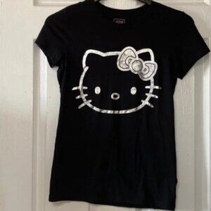 VTG HK HELLO KITTY Black Goth Shirt Silver Foil T-Shirt Shirt